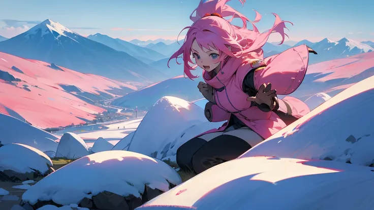 Anime girl, pink hair, queen of the mountains, flying, with her hands open, stones around her hands, a background of two mountains, one snowy and the other full of grass, the drawing is not real but rather like anime, the picture is not realistic but rathe...