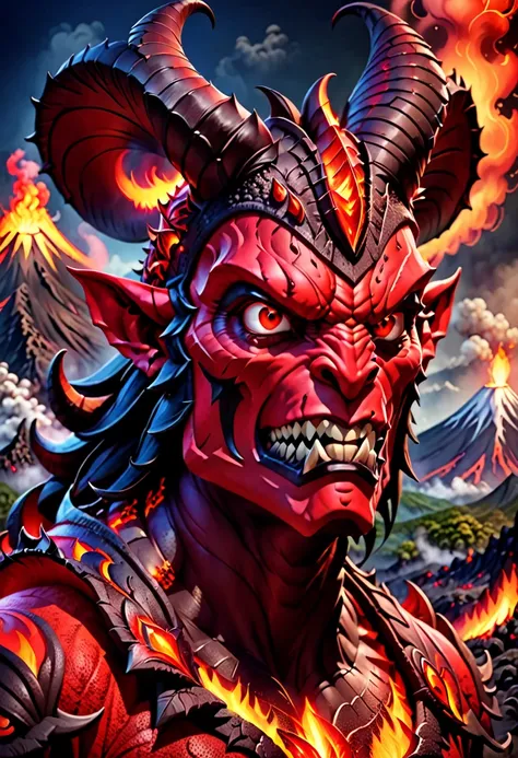 devil , big horn , red skin , volcano background , 3D Render Style , face portrait

