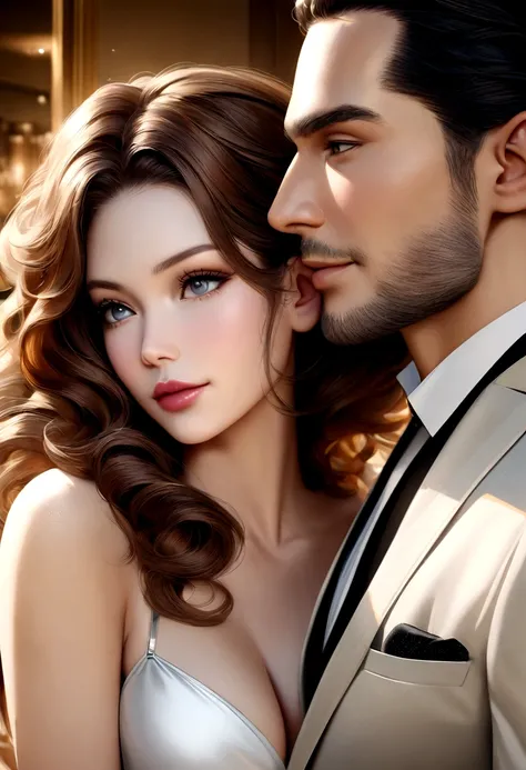 a beautiful couple, handsome man with beautiful woman, fair skin, long brown curly hair woman, a white-fur wolf above them, billionaire, romance, luxury modern background, 4k, hd, hyper-realistic
