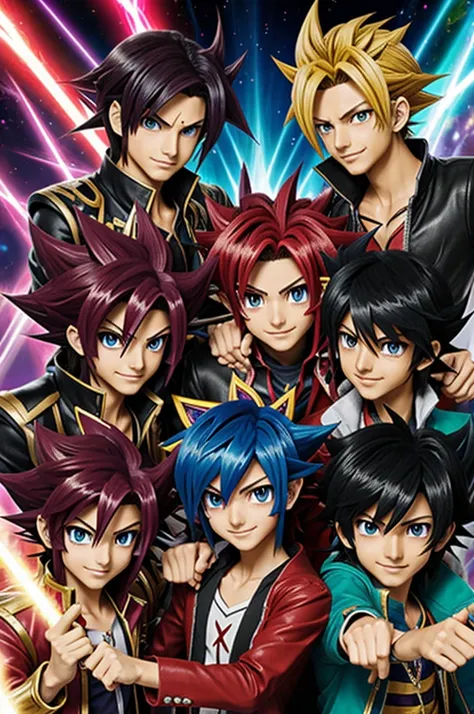 Todos los protagonistas de yu gi oh, yu gi oh gx, yu gi oh 5ds, yu gi oh zexal, yu gi oh arc V conviviendo en 2d estilo anime