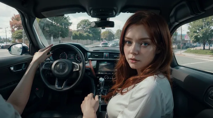 redhead haired woman in a car with a steering wheel, photo-realistic unreal engine, artstyle : ilya kuvshinov, trending on mentalray, inspired by Nína Tryggvadóttir, elle fanning as an android, beautiful crying! android woman, freya, hyper control-realism,...