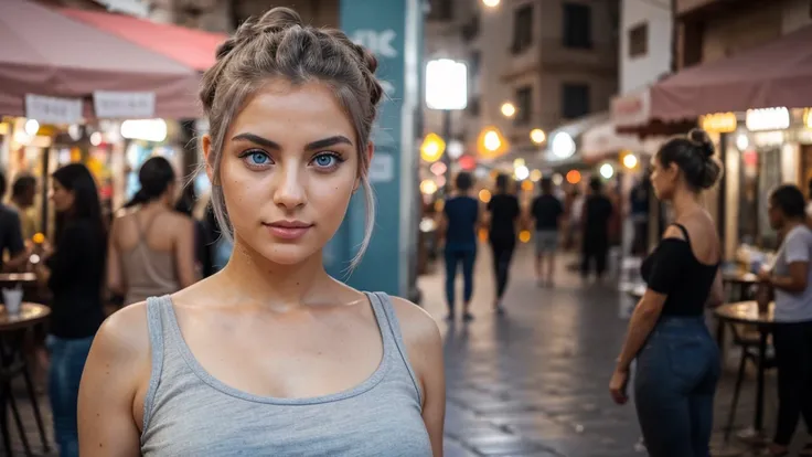 A woman of turkish appearance,25 years,detailed facial features,(Grayish blue eyes color:1.3),turkish eyes shape, Thick eyebrows,Full upper lip, thin lower lip,turkish jawline,(Messy bun),Pastel pink hair, gray color Shorts and tank top clothes,(Modest),Fo...