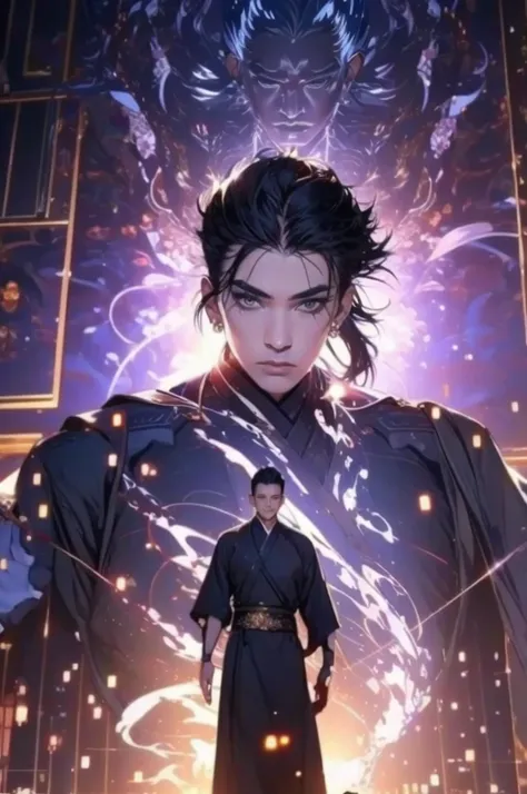 a man in a black robe, young and handsome man, ponytail, long hair, ancient Chinese clothing, qi, a huge saber, ancient Chinese buildings in the background, night, powerful character, purple rays, a beautiful landscape. Detailed face, thick eyebrows, black...