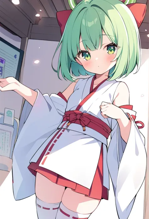 1 girl, cute, young, green hair, bob haircut, green eyes, miko, thigh high,