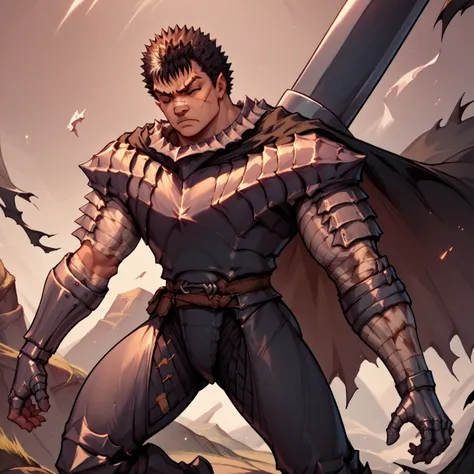 kenpuu_denki style, old school, 1man, solo, guts \(berserk\), angry, sword on back, guts_armor, brown eyes, short hair, spiked h...