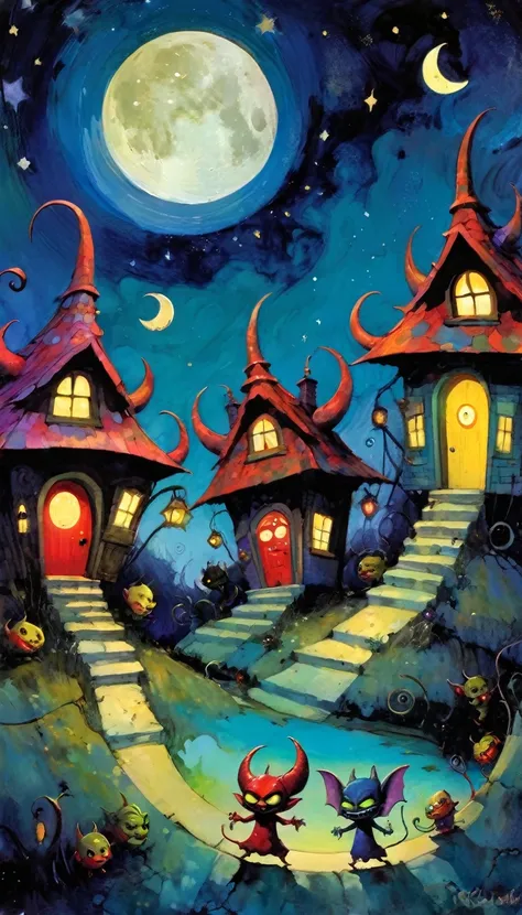 village of small and funny demons, impressive landscape, small and funny demons, fantastic, night sky, moon, stars, background, (demon houses) (demons have fun, play and dance) (art inspired by Skottie Young and Bill Sienkiewicz). oil painting)
