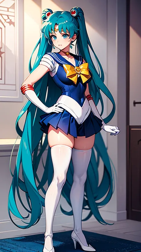 1 girl, Hatsune Miku, big , ((Bishoujo Senshi Sailor Moon costume)), miniskirt, long gloves, inside the room, white stockings, beautiful eyes, ultimate physical beauty, top quality,