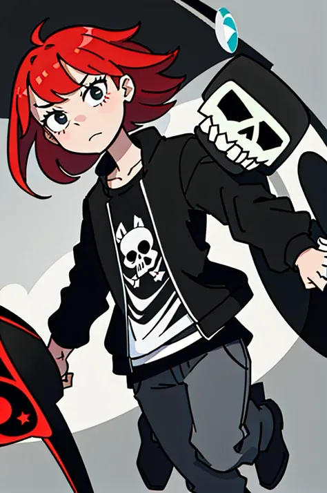 masterpiece, 4k, best quality, solo, Girl, ruby red hair, short neck length hair, black collar on the neck, black eyes, black t-shirt with a knights skull in the middle of it, grey-green jacket, bracelet with a cat and stars, black ankle length pants, gray...