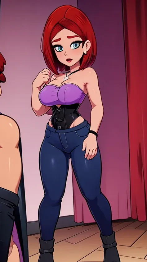 a sexy girl big breast short red hair round her blue eye wears purple corset and tight black pants big thigh