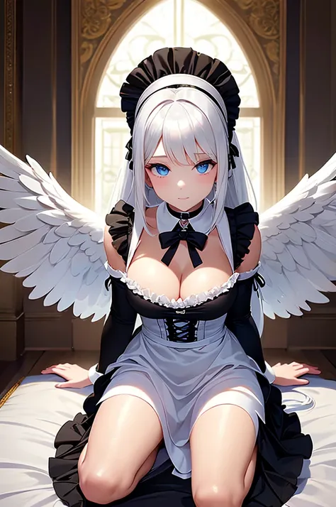 A submissive white-haired kneeling maid angel serving dutifully her master, wearing a black collar