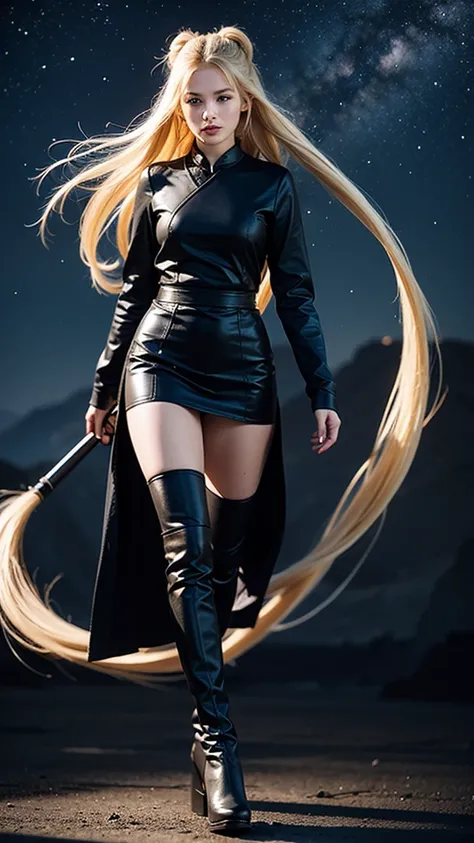 1 girl, ultra long hair, ultra detailed face, glowing lips, glowing blue eyes, very long ponytail, elegant walk, catwalk, holding down a  giant katana, blonde, long eyelashes, long boots , looking to the sky, starry sky, a ultra giant katana 