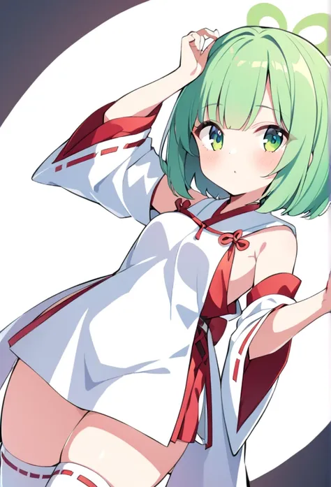 1 girl, cute, young, green hair, bob haircut, green eyes, miko, thigh high,