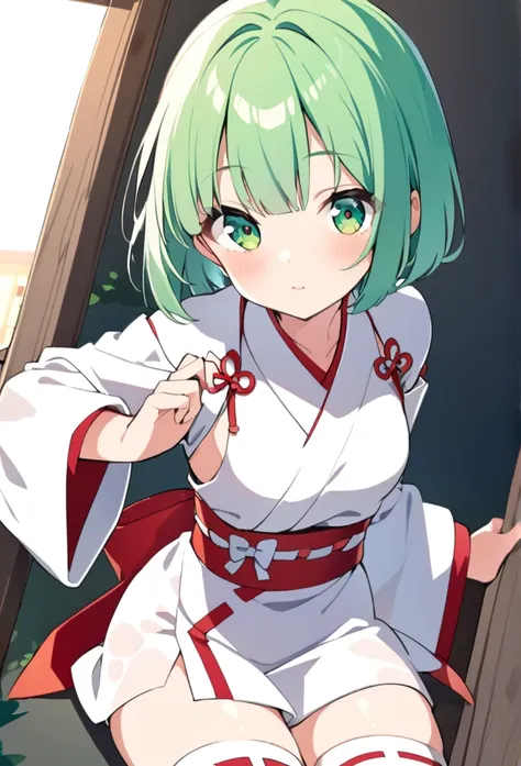 1 girl, cute, young, green hair, bob haircut, green eyes, miko, thigh high,