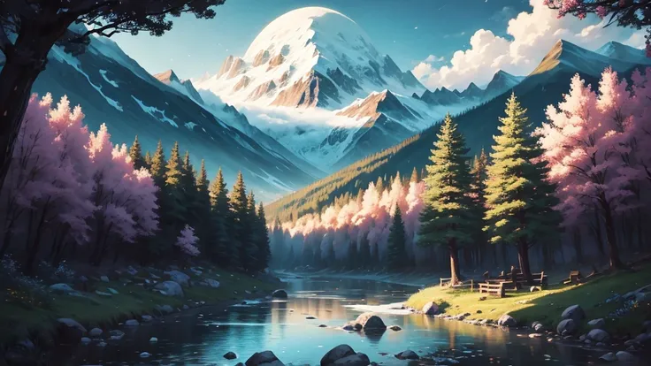 painting of a mountain landscape with a stream and a full moon, beautiful anime scenery, scenery artwork, anime countryside landscape, anime landscape wallpaper, anime beautiful peace scene, anime scenery, beautiful anime scene, detailed scenery —width 672...