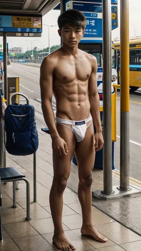 thief, punishment, Spread arms, tied up wrists and ankles, nude , shirtless, light brown underwear,tied to a pole, bus station, Korean young handsome boy 15 years old ,