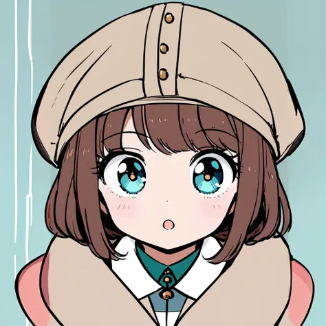 Brown haired girl with blue eyes, wearing a brown Soviet jacket