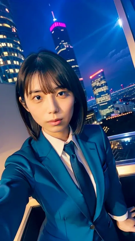 kikuchi hina takes a selfie of herself and a tall, handsome man with long bangs, night view from skyscrapers, blue suit and tie