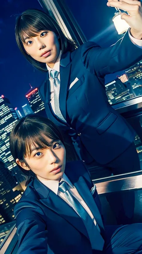 kikuchi hina takes a selfie of herself and a tall, handsome man with long bangs, night view from skyscrapers, blue suit and tie