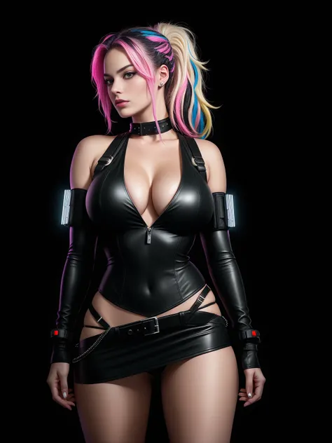 there is Margot Robbie, black neon streaked hair, hair in pony tail, 3 d neon art of a womans body, neon-noir background, cyberpunk femme fatale, seductive cyberpunk dark fantasy, cyberpunk strip clubs, cyberpunk 20 y. o model girl, oppai cyberpunk, banner...