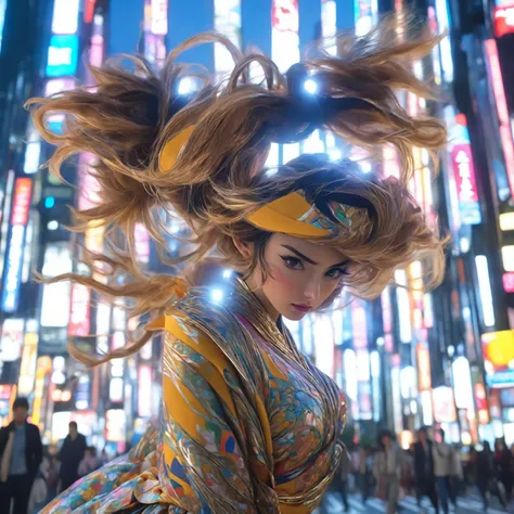 Beautiful woman striking a dynamic pose on a busy street in Tokyo, Feeling the stress of the city, Detailed facial features, Complicated costumes, Urban background, Cinema Lighting, Realistic, 8k, Very detailed, masterpiece