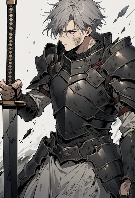 Man with long grey hair　28 years old　Holding a Japanese sword　Black armor is dirty and cracked　