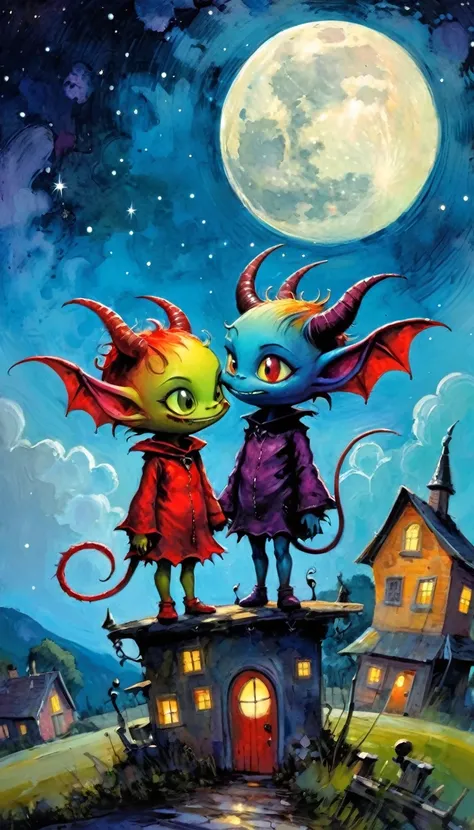 couple of demons in love, village of funny little demons, awesome scenery, funny little demons, magical, fantastic, night sky, moon, stars, cute, adorable, background, (demon houses)(art inspired by Skottie Young and Bill Sienkiewicz). oil painting)
