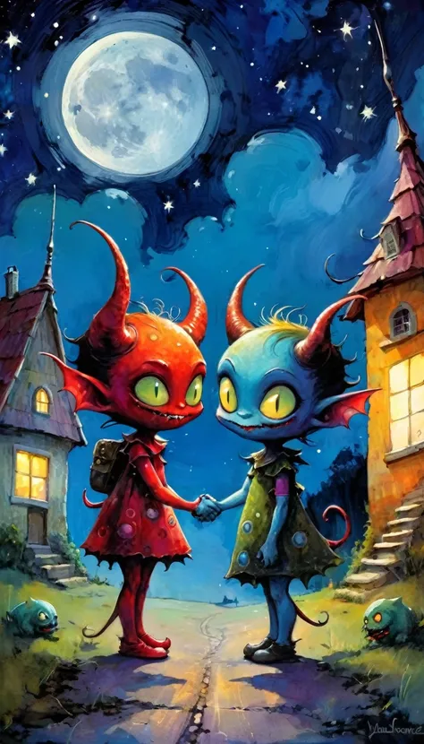 couple of demons in love, village of funny little demons, awesome scenery, funny little demons, magical, fantastic, night sky, moon, stars, cute, adorable, background, (demon houses)(art inspired by Skottie Young and Bill Sienkiewicz). oil painting)
