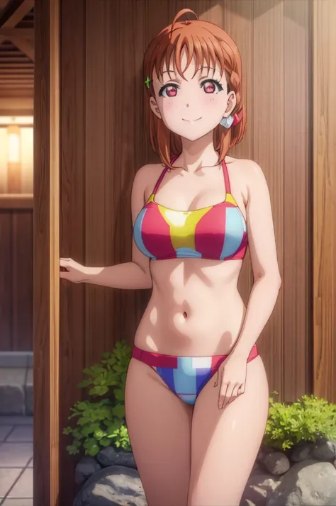 (((pixel-perfect, detail-perfect))), solo, 1girl, chika takami, smile, sauna, bikini, medium filesize, ultra High Qality