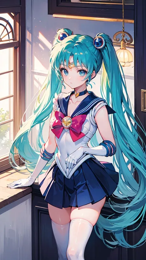 1 girl, Hatsune Miku, big , ((Bishoujo Senshi Sailor Moon costume)), miniskirt, long gloves, inside the room, white stockings, beautiful eyes, ultimate physical beauty, top quality,