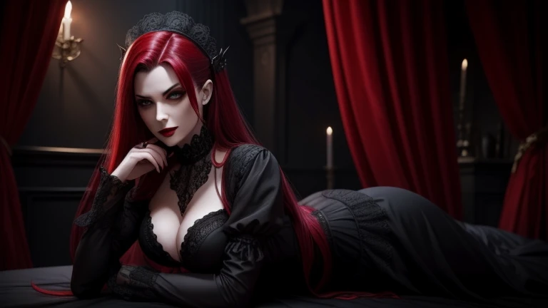 "Seductive vampire in gothic outfit., pelo rojo sangre, y colmillos de vampiro manchados de sangre."