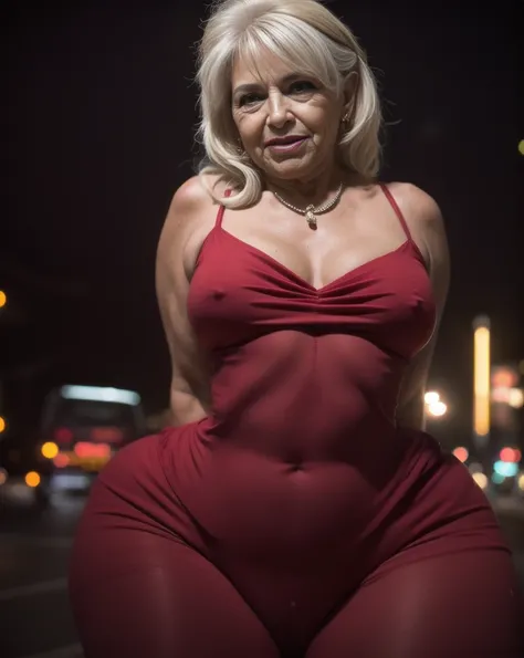 Beautiful 65 year old grandmother, mulher idosa de cabelos brancos, with her back to the camera showing a huge ass, cintura muito fina, quadril largo, beautiful grandmother, linda velha, night and urban scenery with bokeh and flares on camera
