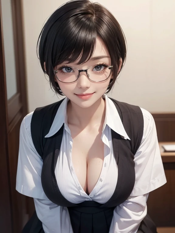 Looking into the camera,high school girl,Leaning forward,(Random cute uniforms),(Random erotic poses),(Thin type),(Extremely large breasts),(Big Tits)(Accentuate your cleavage)(Voluptuous body)(Black Short Hair)(Pixie Cut),(Best image quality, (8k), Ultra-...