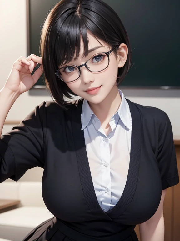 Looking into the camera,high school girl,Leaning forward,(Random cute uniforms),(Random erotic poses),(Thin type),(Extremely large breasts),(Big Tits)(Accentuate your cleavage)(Voluptuous body)(Black Short Hair)(Pixie Cut),(Best image quality, (8k), Ultra-...