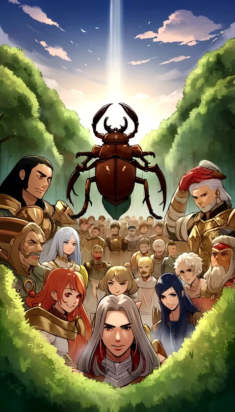 stag beetle with armor already for the war battle has 300 warriors in the background of the battle misty raining cloudy(Obra de arte), (melhor qualidade), (Super Detalhe), (cabelo desgrenhado), (illustration), (1 garota), (entrevista), (Brief history), lin...