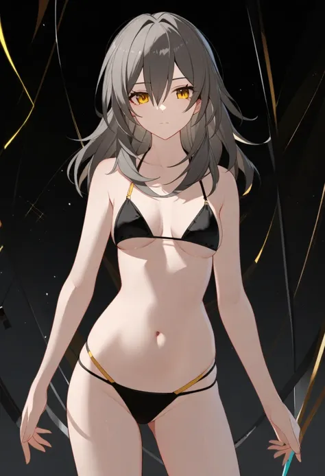 1girl, stelle (honkai: star rail), honkai: star rail, mmd style, solo, expressionless, tsurime, simple background, cinematic angle, looking at viewer, string bikini, alternate costume, 