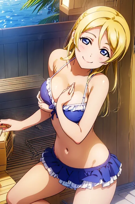 (((pixel-perfect, detail-perfect))), solo, 1girl, Eli ayase, smile, eyes azzur, hair blonde, sauna, bikini, large extreme filesize, ultra High Qality