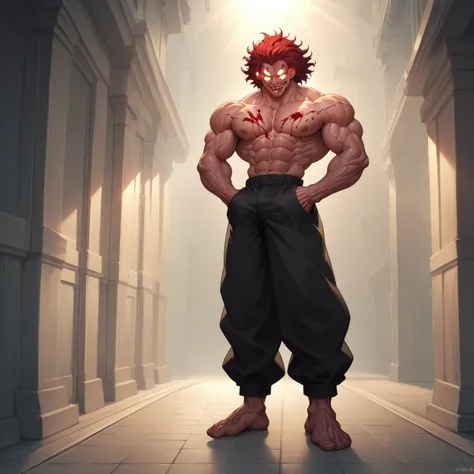 score_9, score_8_up, score_7_up, YujiroHanma, 1boy, full body, male focus, solo, shirtless, black pants muscular male, red hair, manly, veins, pupiless, dynamic lighting, extremely detailed, portrait, psychotic expression, very veiny ,glare, evil smile, gl...