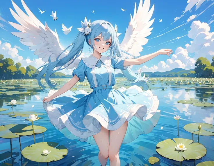 Light blue long hair，Beautiful girl with twin tails、water．Vivid water lilies(many, Impressionism, oil)、Blue Dress、Bright smile、Masterpiece、Blue Sky、A white owl flies in the sky