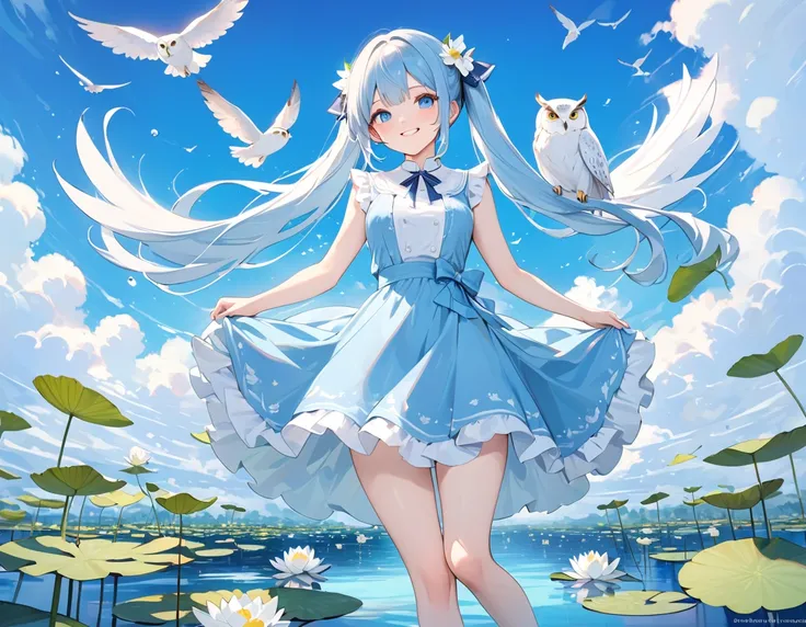 Light blue long hair，Beautiful girl with twin tails、water．Vivid water lilies(many, Impressionism, oil)、Blue Dress、Bright smile、Masterpiece、Blue Sky、A white owl flies in the sky