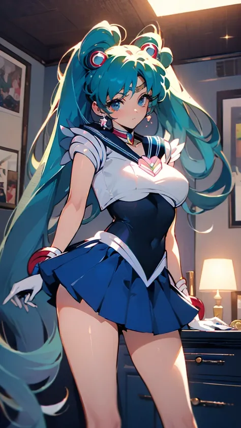 1 girl, Hatsune Miku, big boobs, ((Bishoujo Senshi Sailor Moon costume)), miniskirt, long gloves, inside the room, white stockings, beautiful eyes, ultimate physical beauty, top quality,