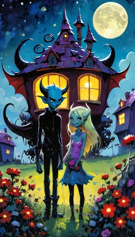 girl and boy, a demon brings flowers as a gift in love to a pretty and sexy demon girl, village of little and funny demons, impressive landscape, little and funny demons, magical, fantastic, night sky, moon, stars, cute, adorable, background, ( demon house...