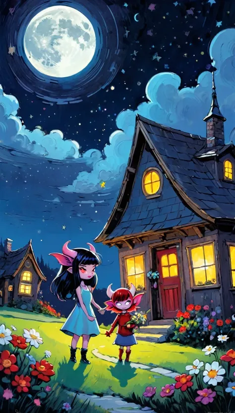 girl and boy, a demon brings flowers as a gift in love to a pretty and sexy demon girl, village of little and funny demons, impressive landscape, little and funny demons, magical, fantastic, night sky, moon, stars, cute, adorable, background, ( demon house...