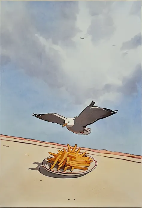 seagull and fries, in the style of michael-dudok-de-wit