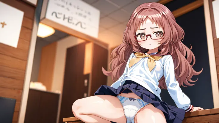 Aimi、1 Girl、Wavy Hair、Glasses、Small breasts、He is short、、High resolution、Highest quality、Detailed face、Fine grain、White panties、Squat、Look at this、skirt