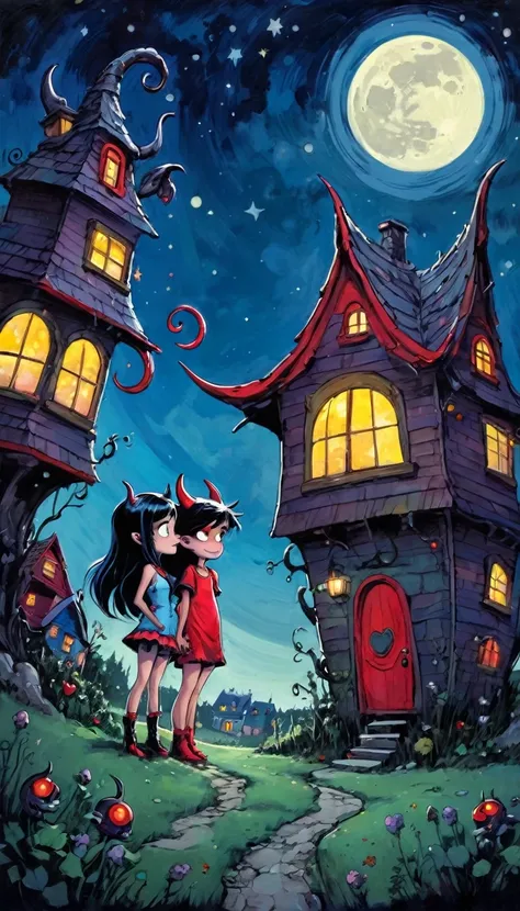 girl and boy, demon boy and sexy demon girl, sex sex sex, love, erotism,village of little and funny demons, impressive landscape, little and funny demons, magical, fantastic, night sky, moon, stars, cute, adorable, background, ( demon houses (art inspired ...