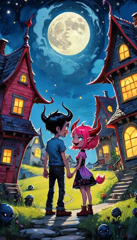 girl and boy, demon boy and sexy demon girl, sex sex sex, love, erotism,village of little and funny demons, impressive landscape, little and funny demons, magical, fantastic, night sky, moon, stars, cute, adorable, background, ( demon houses (art inspired ...