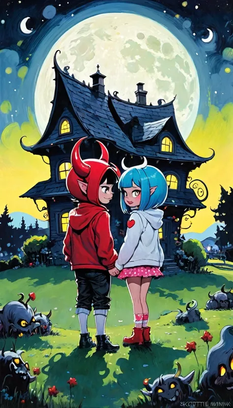 girl and boy, demon boy and sexy demon girl, sex sex sex, love, erotism,village of little and funny demons, impressive landscape, little and funny demons, magical, fantastic, night sky, moon, stars, cute, adorable, background, ( demon houses (art inspired ...