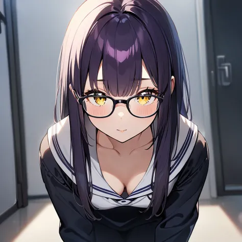 1girl,Solo,dark purple hair,yellow eyes,medium breasts,sailor,straight hair,pov,straight on,best quality, very aesthetic, absurdres,Glasses,(downblouse)