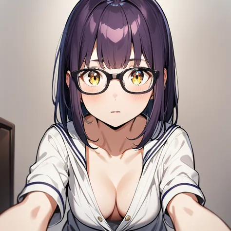 1girl,Solo,dark purple hair,yellow eyes,medium breasts,sailor,straight hair,pov,straight on,best quality, very aesthetic, absurdres,Glasses,(downblouse)