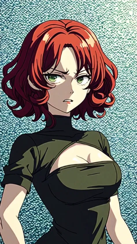 woman with short, curly red hair and beautiful green eyes angry